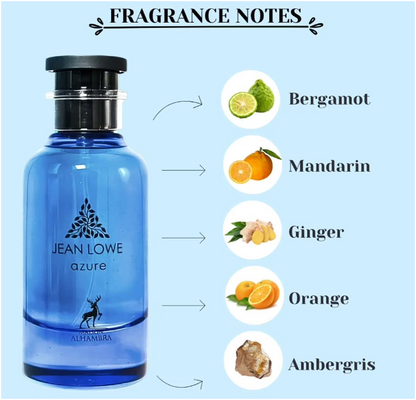 Maison Alhambra Jean Lowe Azure Eau de Parfum 100ml (3.4 oz) | Fresh Citrus Amber Unisex Fragrance | Long Lasting Perfume Spray