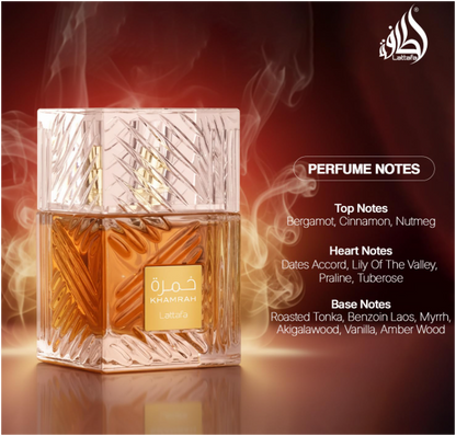 Lattafa Khamrah Eau de Parfum 100ml (3.4 oz) | Sweet Spicy Gourmand Amber Unisex Fragrance | Long Lasting Perfume Spray