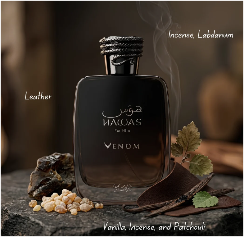 Rasasi Hawas Venom Eau de Parfum 100ml (3.4 Fl Oz) | Incense, Labdanum, Leather, Vanilla & Patchouli | Men's Fragrance