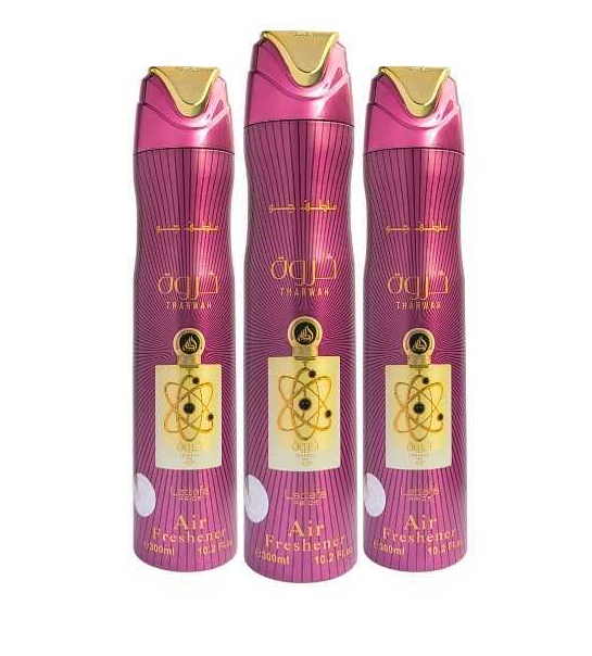 Lattafa Tharwah Air Freshener 3 Piece Combo, 300 ml Each, Home and Car Fragrance Freshener