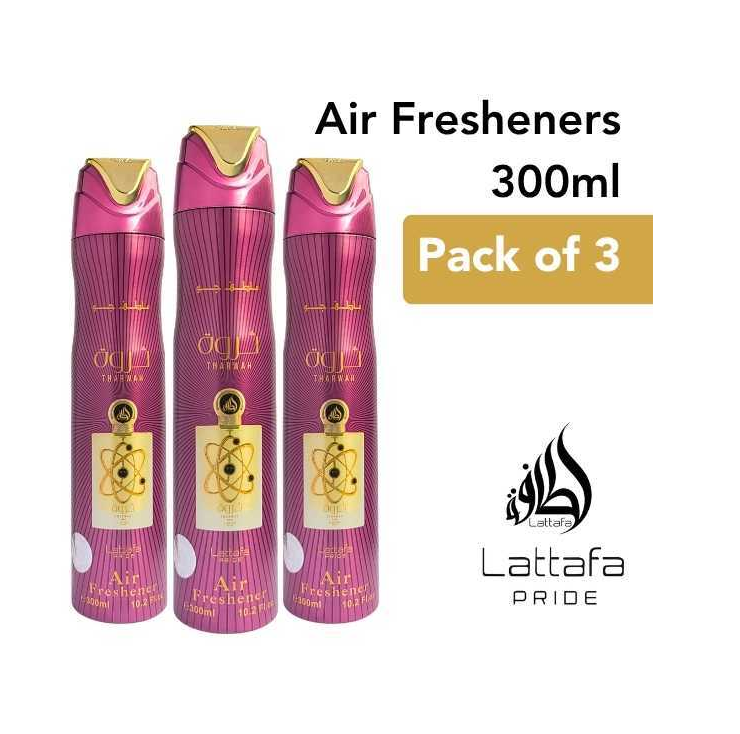 Lattafa Tharwah Air Freshener 3 Piece Combo, 300 ml Each, Home and Car Fragrance Freshener