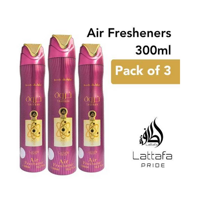 Lattafa Tharwah Air Freshener 3 Piece Combo, 300 ml Each, Home and Car Fragrance Freshener