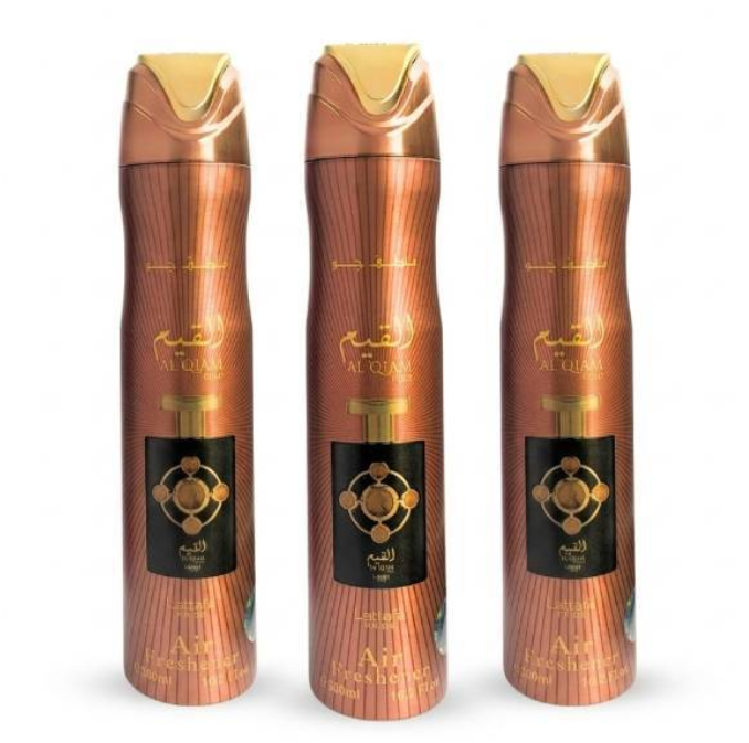 Lattafa Al Qiam Gold Air Freshener 3 Pc Combo, 300ml Fragrance Air Freshener Spray Set for Home, Car &amp; Office, 3-Piece Combo