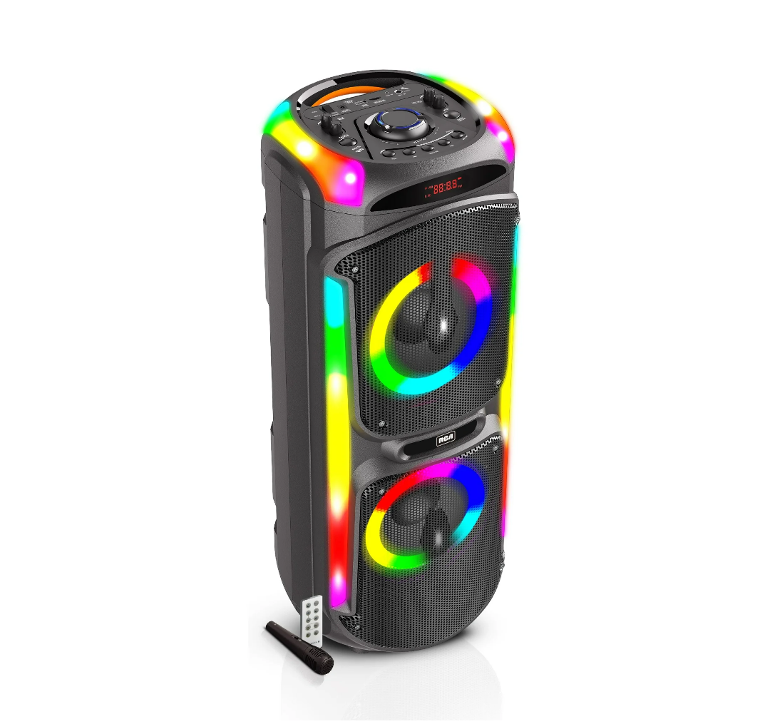 RCA Dual 8" Woofer Bluetooth Party Speaker with Wireless Microphone & Remote Control
