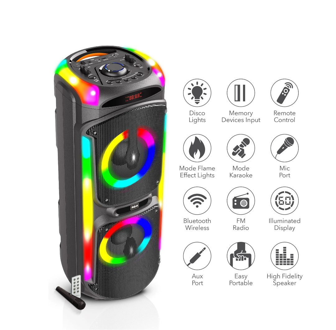 RCA Dual 8" Woofer Bluetooth Party Speaker with Wireless Microphone & Remote Control