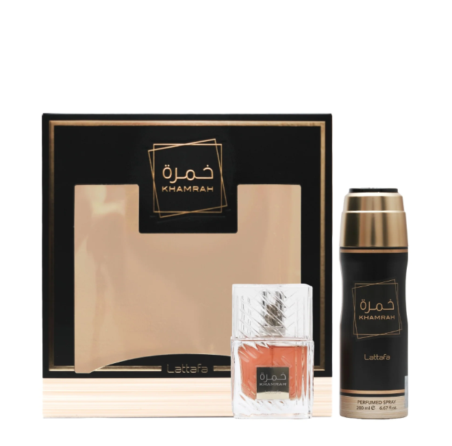 Lattafa Khamrah 2pcs Set – Unisex | 100 ml EDP + 200 ml Perfumed Spray