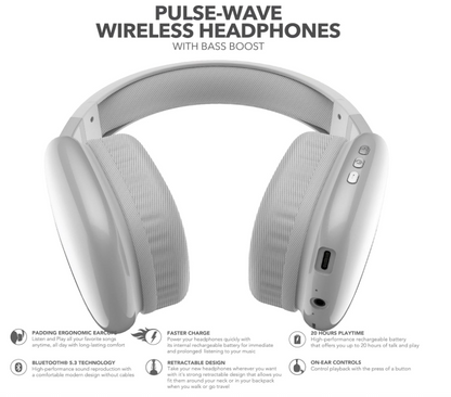 RCA Wave‑56 Wireless Over‑Ear Bluetooth Headphones – 20 Hour Battery Life, Hi‑Res Audio, Enhanced Bass, Transparency Mode, Lightweight Comfort, Travel Friendly Design, White
