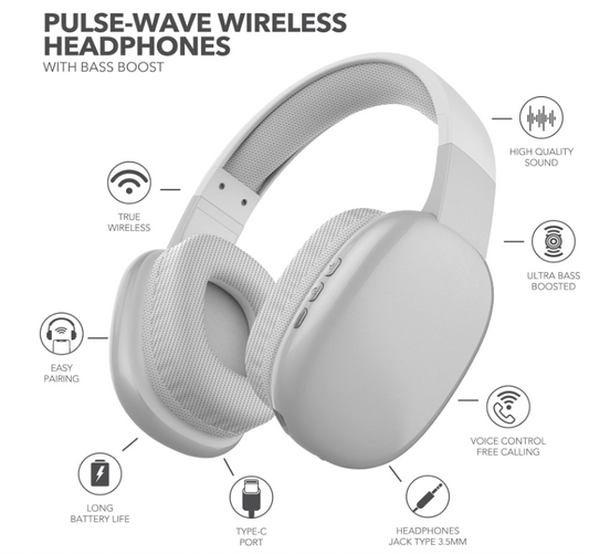 RCA Wave‑56 Wireless Over‑Ear Bluetooth Headphones – 20 Hour Battery Life, Hi‑Res Audio, Enhanced Bass, Transparency Mode, Lightweight Comfort, Travel Friendly Design, White