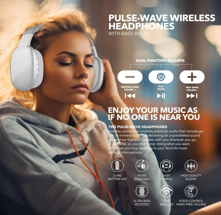 RCA Wave‑56 Wireless Over‑Ear Bluetooth Headphones – 20 Hour Battery Life, Hi‑Res Audio, Enhanced Bass, Transparency Mode, Lightweight Comfort, Travel Friendly Design, White