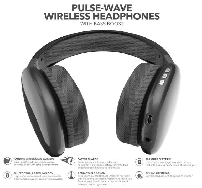RCA Wave‑56 Wireless Over‑Ear Bluetooth Headphones – 20 Hour Battery Life, Hi‑Res Audio, Enhanced Bass, Transparency Mode, Lightweight Comfort, Travel Friendly Design, White
