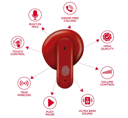RCA Wave-78 True Wireless Earbuds – Bluetooth, 20H Playtime, Immersive Sound, Compact Design, Multi-Color (Black, White, Red)