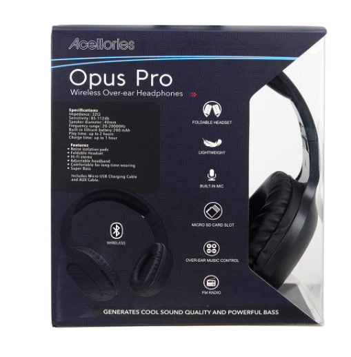 Acellories Opus Pro Wireless Over-Ear Bluetooth Headphones – Powerful Bass, Foldable Design, Built-in Mic, FM Radio, SD Card Support