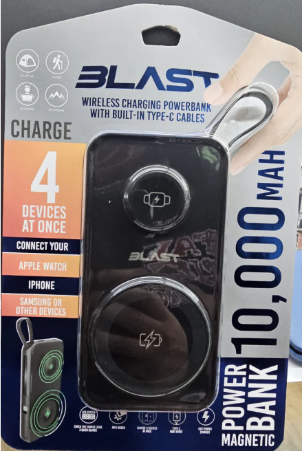 Blast Wireless Charging Power Bank 1,000 mAh White with Built-In Type-C Cables, Portable Wireless Charging Battery Pack, USB-C Fast Output, Compact Travel Power Bank for Phones & Devices
