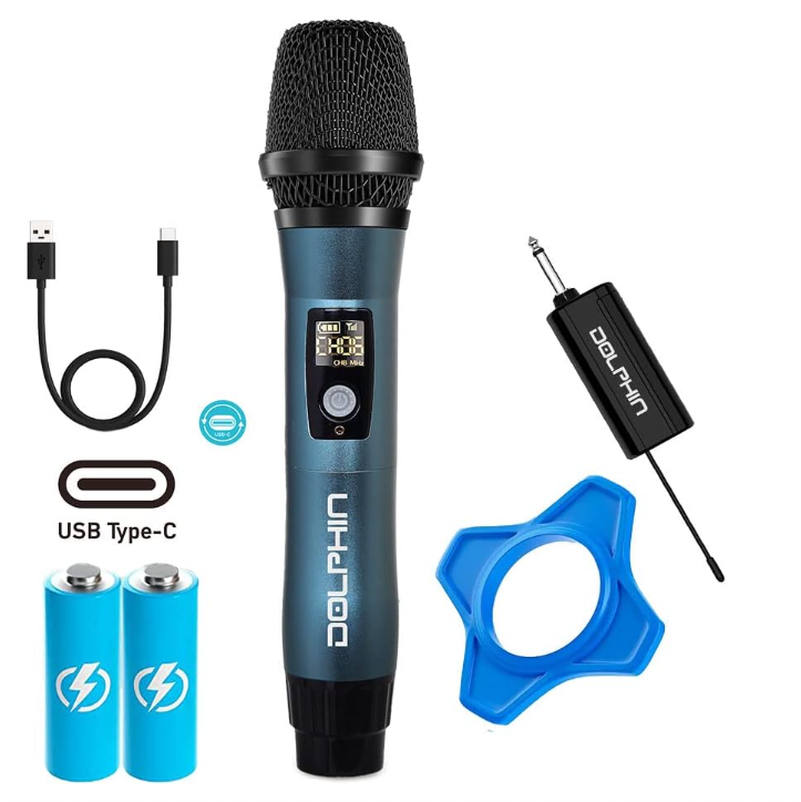 Dolphin MCX11 UHF Wireless Microphone System – Karaoke, Singing, PA, Parties & Events, All-Metal Build, DSP Audio, 50 Channels, Long Range, Rechargeable (Red, Green, Black)