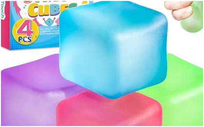 Stress Cube Squishy Stress Balls for Adults & Kids | Ice Cube Shape Fidget Sensory Toy | Soft Squeeze Anxiety Relief Toy | Purple, Green, Blue & Red