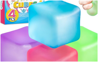 Stress Cube Squishy Stress Balls for Adults & Kids | Ice Cube Shape Fidget Sensory Toy | Soft Squeeze Anxiety Relief Toy | Purple, Green, Blue & Red