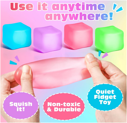 Stress Cube Squishy Stress Balls for Adults & Kids | Ice Cube Shape Fidget Sensory Toy | Soft Squeeze Anxiety Relief Toy | Purple, Green, Blue & Red