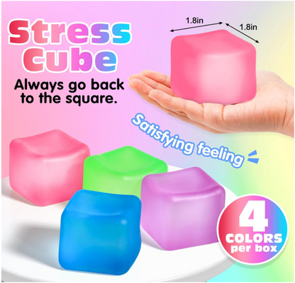 Stress Cube Squishy Stress Balls for Adults & Kids | Ice Cube Shape Fidget Sensory Toy | Soft Squeeze Anxiety Relief Toy | Purple, Green, Blue & Red