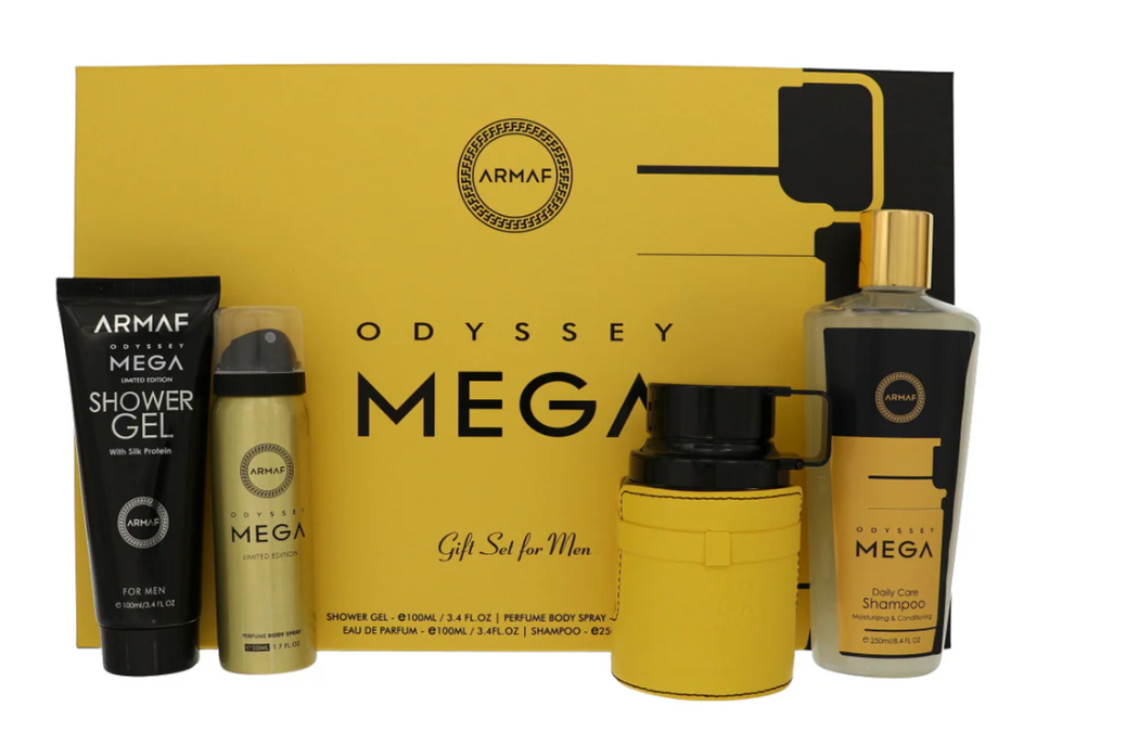 Armaf Odyssey Mega Gift Set | Eau de Parfum 3.4 oz | Luxury 4-Piece Men’s Fragrance Collection | Fresh Citrus Woody Spicy Scent