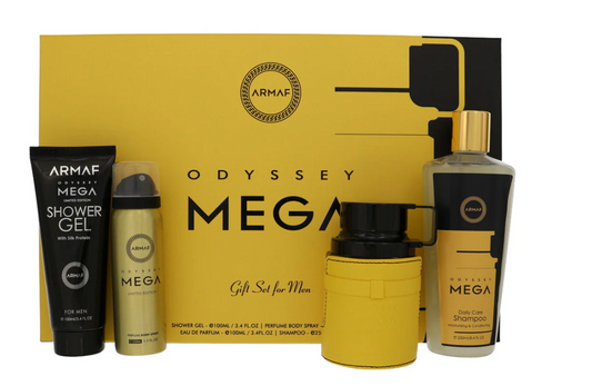 Armaf Odyssey Mega Gift Set | Eau de Parfum 3.4 oz | Luxury 4-Piece Men’s Fragrance Collection | Fresh Citrus Woody Spicy Scent