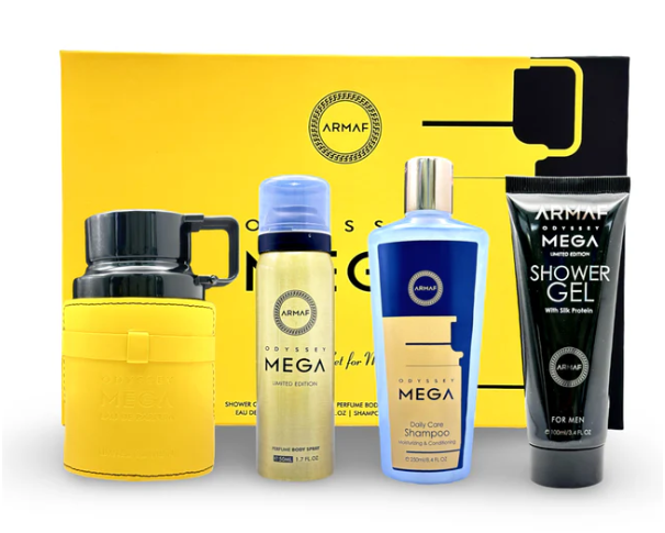 Armaf Odyssey Mega Gift Set | Eau de Parfum 3.4 oz | Luxury 4-Piece Men’s Fragrance Collection | Fresh Citrus Woody Spicy Scent