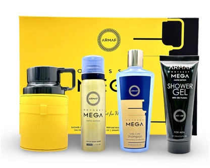 Armaf Odyssey Mega Gift Set | Eau de Parfum 3.4 oz | Luxury 4-Piece Men’s Fragrance Collection | Fresh Citrus Woody Spicy Scent