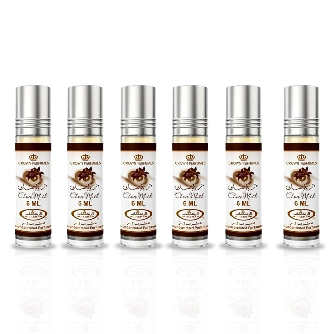 Al Rehab Choco Musk Concentrated Perfume Oil CPO 6ml x 6 Pack | Sweet Gourmand Chocolate Vanilla Long Lasting Roll-On Attar Unisex Arabic Non-Alcohol Fragrance Travel Size