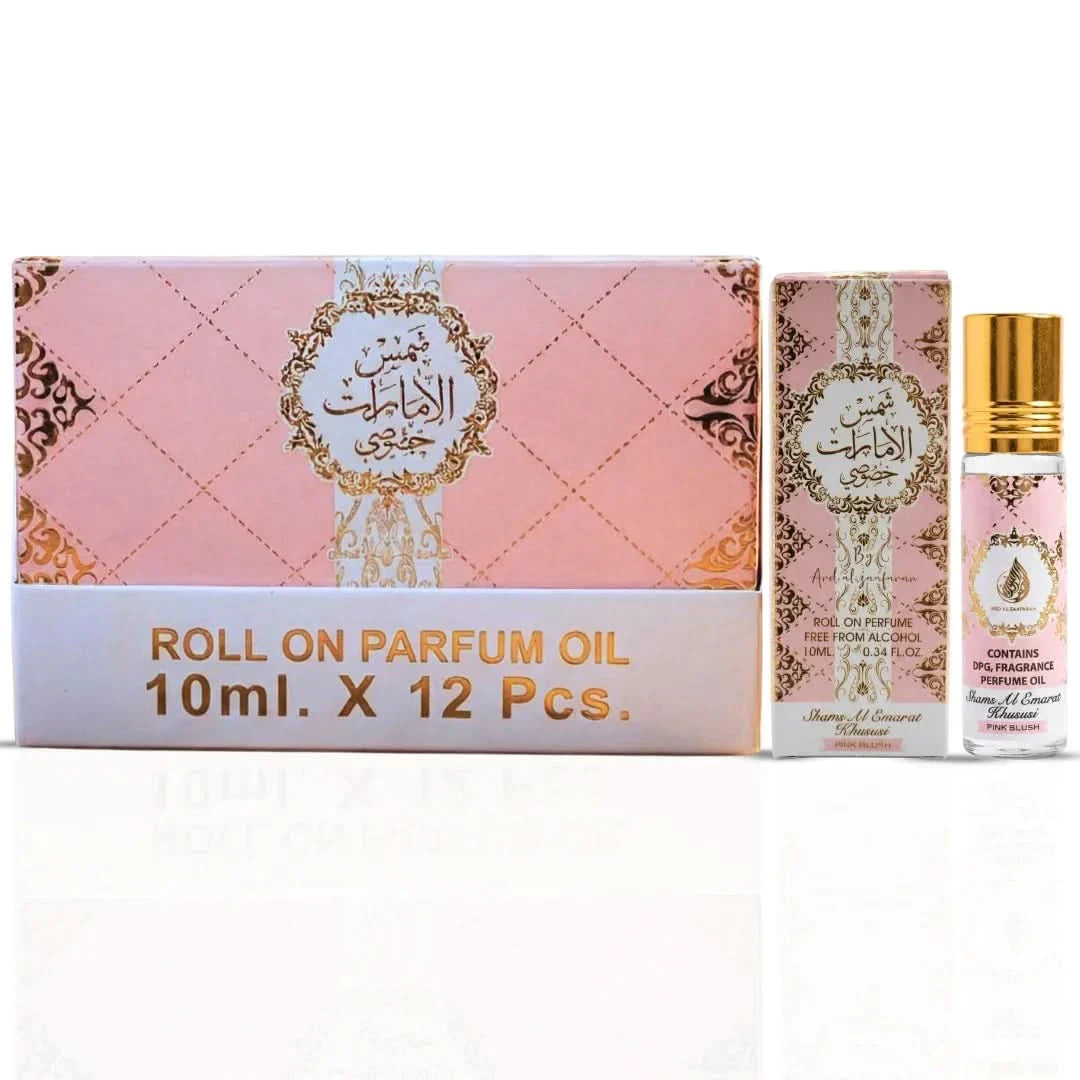 Ard Al Zaafaran Shams Al Emarat Khususi Roll-On Perfume Oil 10ml x 12 Pack | Sweet Fruity Vanilla Long Lasting Arabic Attar Unisex Non-Alcohol Fragrance Travel Size Set