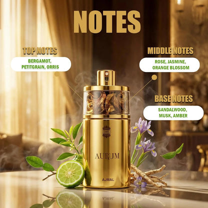 Ajmal Aurum Eau de Parfum for Women 75ml (2.53 Fl Oz) | Floral Fruity Oriental Perfume with Raspberry, Lemon, Gardenia, Jasmine, Amber, Vanilla &amp; Musk