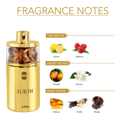 Ajmal Aurum Eau de Parfum for Women 75ml (2.53 Fl Oz) | Floral Fruity Oriental Perfume with Raspberry, Lemon, Gardenia, Jasmine, Amber, Vanilla &amp; Musk