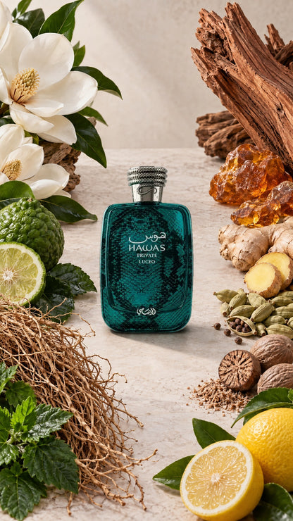Rasasi Hawas Private Luceo Extrait de Parfum 100ml (3.4 Fl Oz) | Unisex Citrus Woody Spicy Fragrance with Bergamot, Lemon, Ginger, Magnolia, Cardamom &amp; Amber