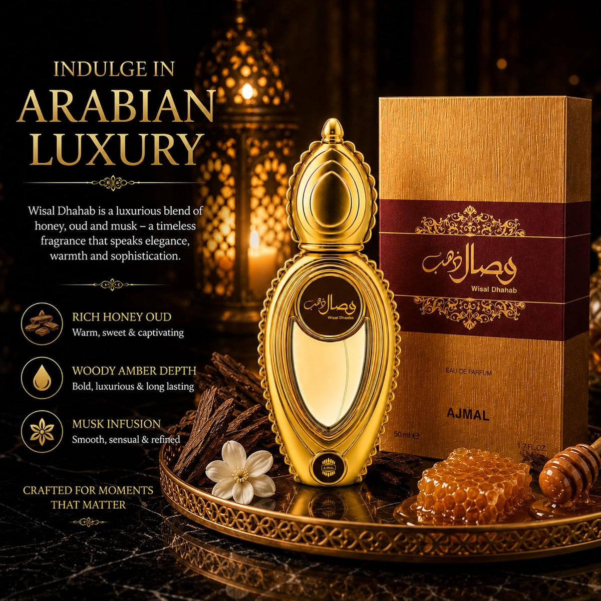 Ajmal Wisal Dhahab Eau de Parfum for Unisex, 50ml (1.7 Fl Oz), Fruity Woody Fragrance with Fruity, Floral, Spicy, Woody, Amber &amp; Musk Accords