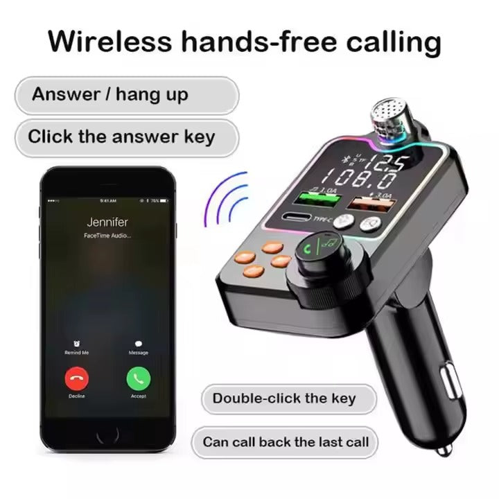 Q15 Car Wireless FM Transmitter Bluetooth 5.0 – Quick Charge, Large Microphone, One-Key Bass, MP3 Player &amp; Dual Screen Display  SKU: Q15-FM-XX