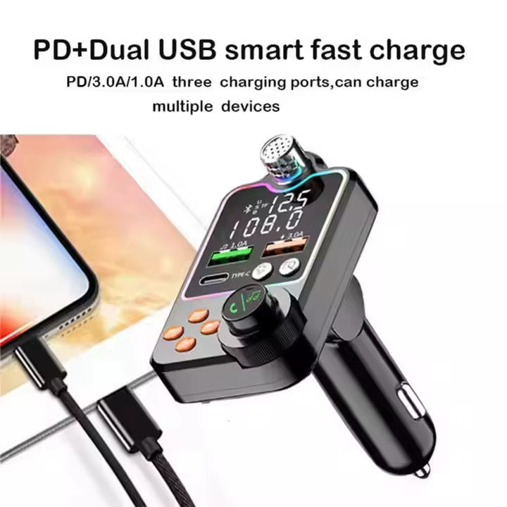 Q15 Car Wireless FM Transmitter Bluetooth 5.0 – Quick Charge, Large Microphone, One-Key Bass, MP3 Player &amp; Dual Screen Display  SKU: Q15-FM-XX