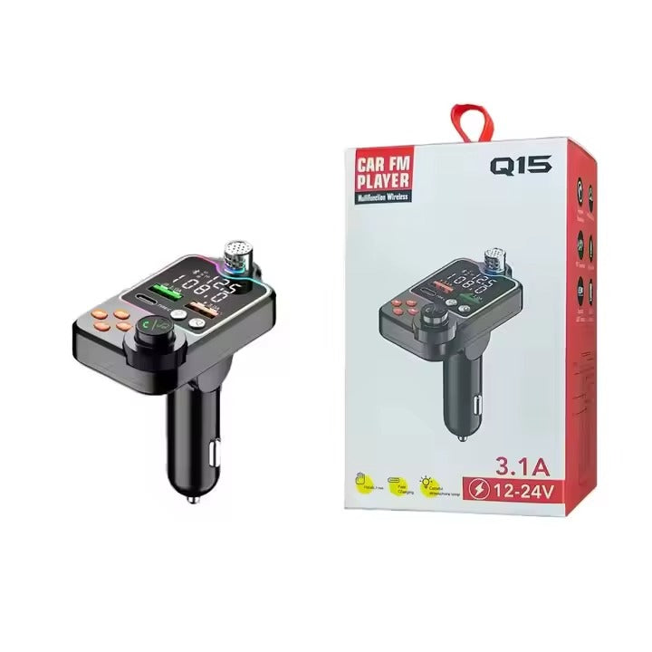 Q15 Car Wireless FM Transmitter Bluetooth 5.0 – Quick Charge, Large Microphone, One-Key Bass, MP3 Player &amp; Dual Screen Display  SKU: Q15-FM-XX