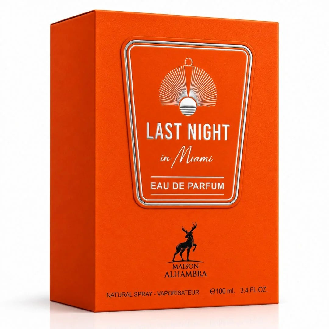 Maison Alhambra Last Night in Miami Eau de Parfum Spray 100ml (3.4 Fl Oz) | Mandarin, Orange, Cognac, Rose, Plum, Orange Blossom, Coffee, Saffron &amp; Patchouli | Unisex Fragrance